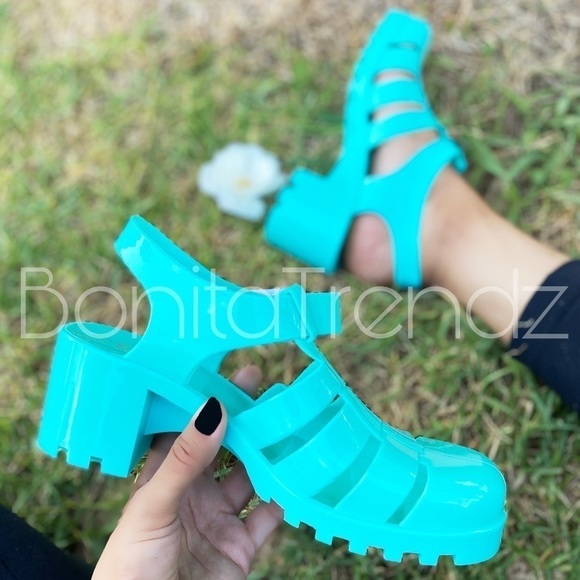 Bonita_Trendz Shoes - Green Retro PVC GLADIATOR JELLY Chunky Heel Sandal